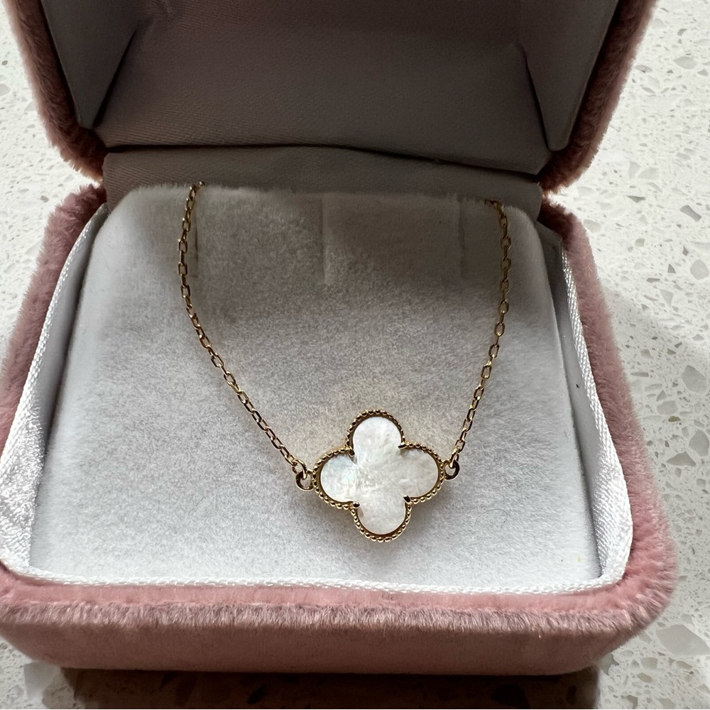 14k solid gold delicate clover mother of pearl bracelet